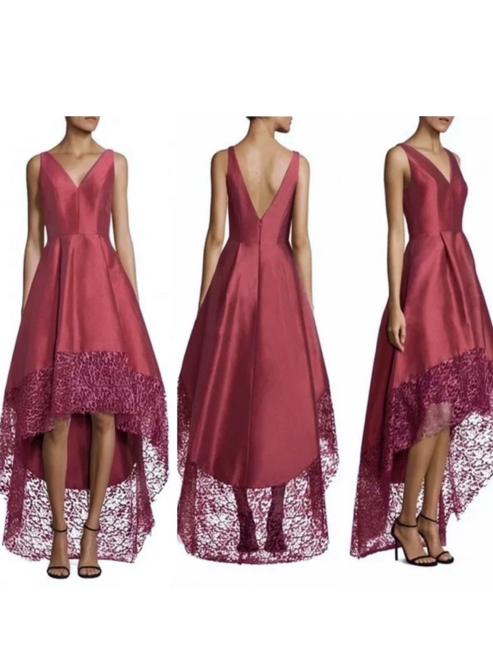 Monique Lhuillier High-Low Lace Hem V-Neck Dress in Rose